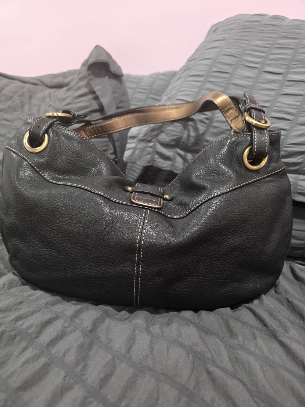 Luce Black Pebbled Leather Shoulder Bag with Decorative Medallion Accent - Picture 2 of 13